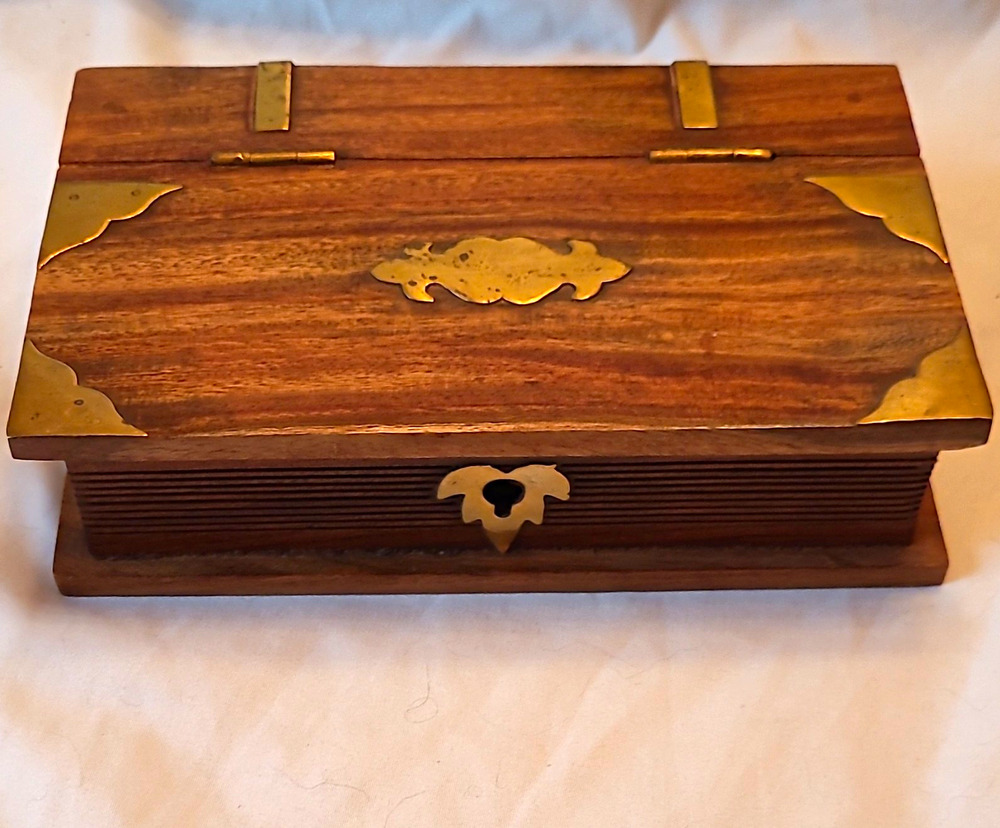 Vintage Hand-Carved Indian Rosewood Book Box - Faux Page Grooves & Brass Clasp